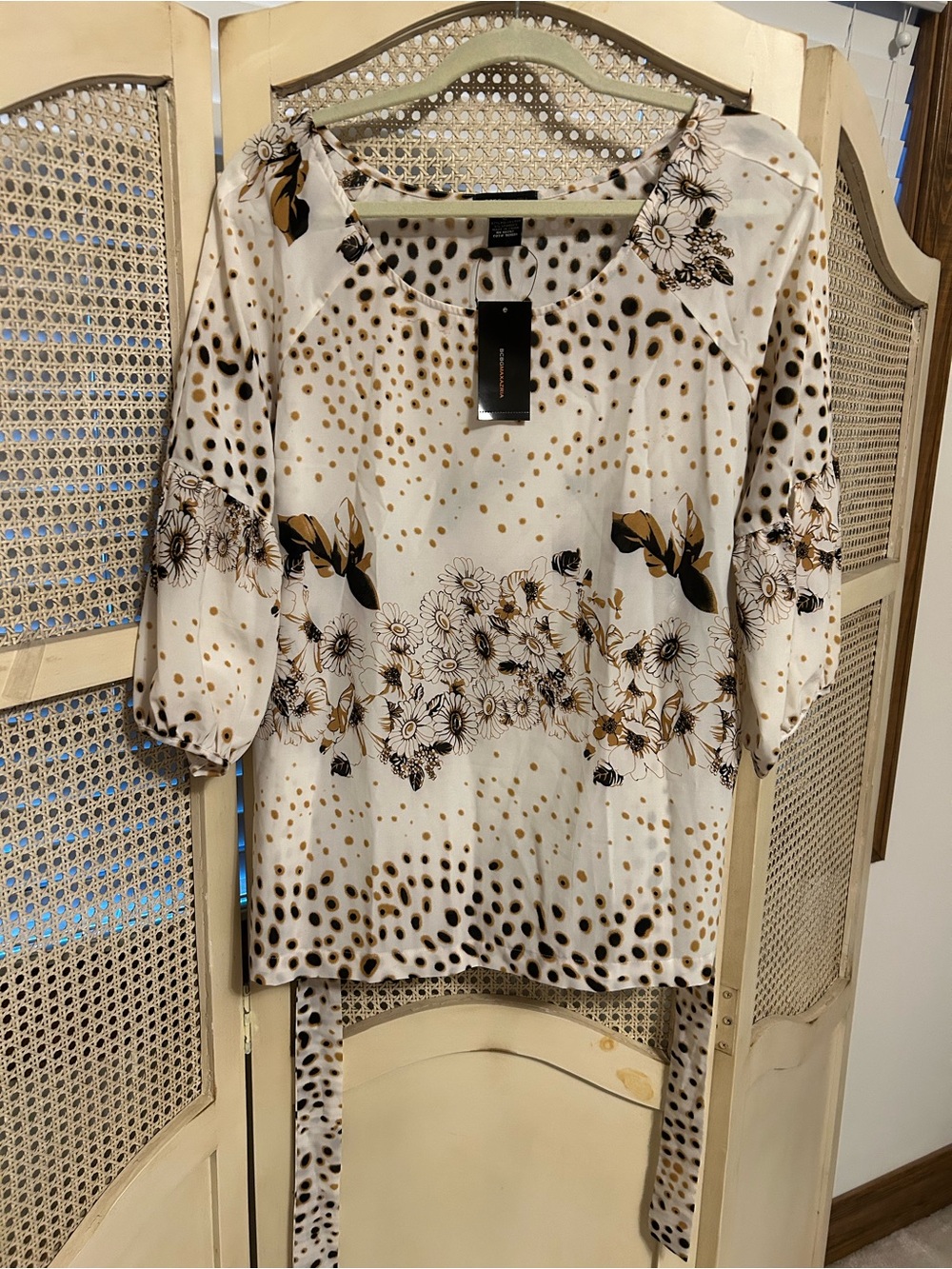 BCBGMaxAzria White Blouse with Gold & Black Floral Dot Print - Picture 4 of 8